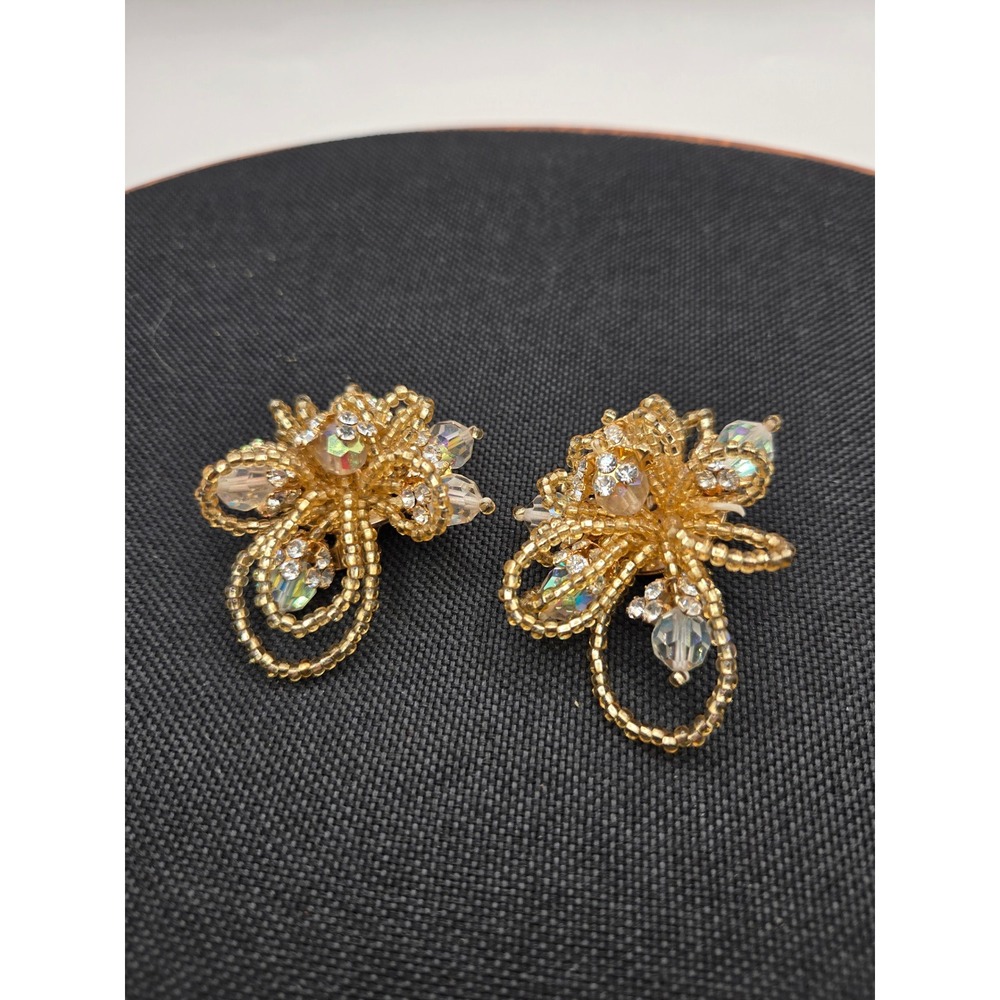 Lois Ann Vintage Gold Beaded Clip On Earrings AB Crystal Cluster Statement